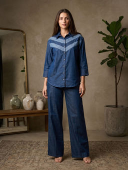 Autumnlane - Blue Solid/Plain Collar Neck Co-ord Set