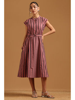 Soch - Coral Stripes Mandarin Neck Dress with Belt