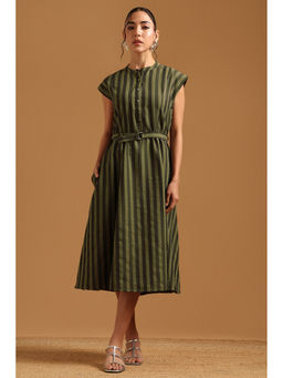 Soch - Olive Stripes Mandarin Neck Dress with Belt