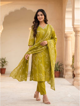 Autumnlane - Green Embellished/Sequined V-Neck Kurta Pant with Dupatta