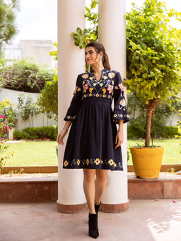 AADEWS - Zobia Navy Blue Floral Embroidery Dress