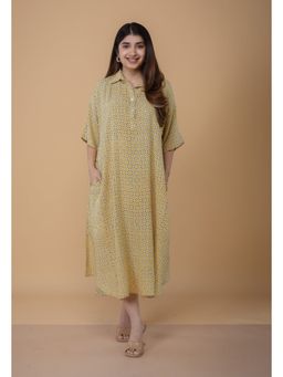 The Indian Ethnic Co. - Risha Yellow Ajrakh Modal Silk A Line Dress