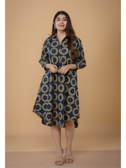 The Indian Ethnic Co. - Ridah Blue Ajrakh Cotton A Line Dress
