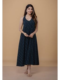 The Indian Ethnic Co. - Tashi Teal Dabu Cotton A Line Dress