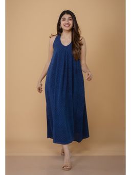 The Indian Ethnic Co. - Tashi Blue Ajrakh Cotton A Line Dress