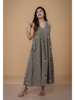 The Indian Ethnic Co. - Tashi Grey Ajrakh Cotton A Line Dress