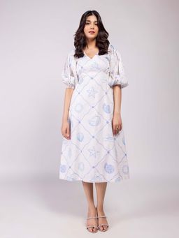 Poppi - Seascape Printed V-Neck Midi Dress