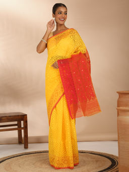 Likha - Pure Cotton Handloom Authentic Bengali Jamdani Pujo Saree with Unstitched Blouse Likmpsar01