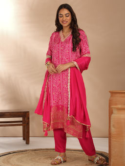 Likha - Silk Bandhani Printed & Embellished Straight Festive Kurta Pant with Dupatta (Pant of 3)