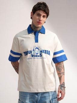 HIGHLANDER - Cream Stitch Polo Neck Oversized Polo T-shirt