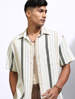 LOCOMOTIVE - Men Multi-Color Dobby Textured Striped Oversized Shirt