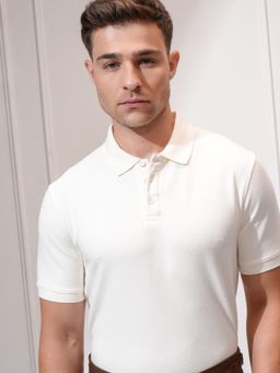 LOCOMOTIVE - Premium Men Cream Knitted Polo Collar Slim Fit Polo T-Shirt