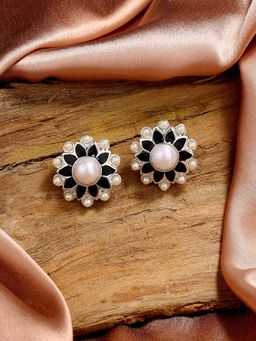 Estele - Rhodium Plated Elegant Pearl Stud Earrings with Black Enamel for Women