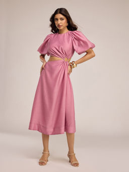 RSVP by Nykaa Fashion - Pink Round Neck Puff Sleeves Cut Out Midi Dress
