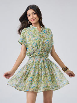 Twenty Dresses by Nykaa Fashion - Green Chiffon Band Collar Half Sleeves Smocked Mini Dress