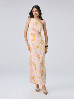Twenty Dresses by Nykaa Fashion - Peach Paisley One Shoulder Side Cut Out Ruched Maxi Dress