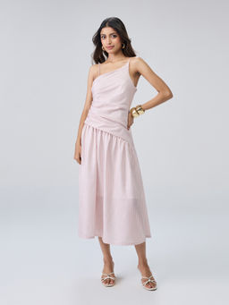 Twenty Dresses by Nykaa Fashion - Pink Asymmetrical Neck Cross Cut And Sew Waist Midi Dress