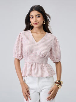 Twenty Dresses by Nykaa Fashion - Pink Stripes Balloon Sleeves V-Neck Smocked Peplum Top