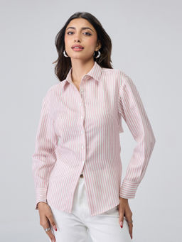 Twenty Dresses by Nykaa Fashion - Pink Stripes Collared Full Sleeves Back Tie Up Shirt