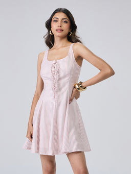 Twenty Dresses by Nykaa Fashion - Pink Stripes Strappy Sleeveless Godet Mini Dress