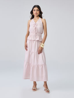 Twenty Dresses by Nykaa Fashion - Pink Stripes Halter Neck Top Tiered Maxi Skirt Co-Ord Set