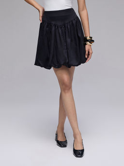 Twenty Dresses by Nykaa Fashion - Black Satin Cut And Sew Panel Balloon Hem Mini Skirt
