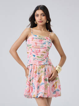 Twenty Dresses by Nykaa Fashion - Pink Cotton Paisley Strappy Pleated Balloon Hem Mini Dress
