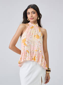 Twenty Dresses by Nykaa Fashion - Peach Paisley Halter Neck High Low Bottom Hem Frilled Top