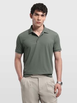 Arrow - Green Men's Self Design Vertical Striped Regular Fit Polo shirt