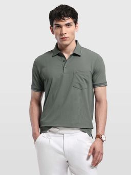 Arrow - Green Men's Self Design Vertical Striped Regular Fit Polo shirt