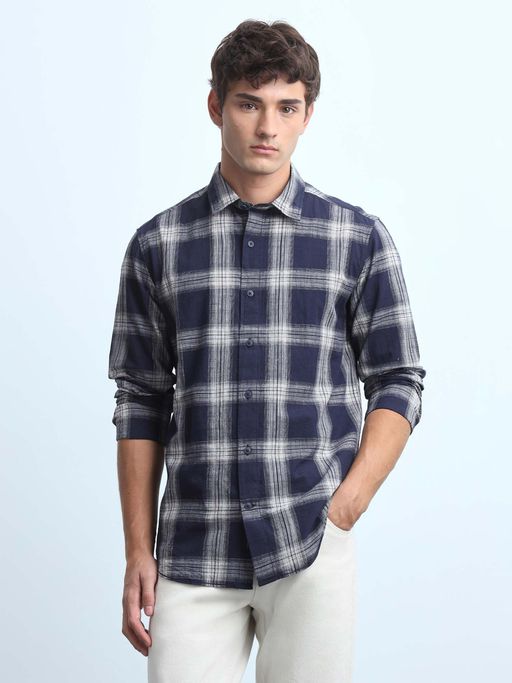 Flying Machine Blue Men's Tartan Checked Slim Fit Shirt