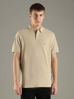 Tommy Hilfiger - Beige Solid Regular Fit Cotton Polo T-shirt