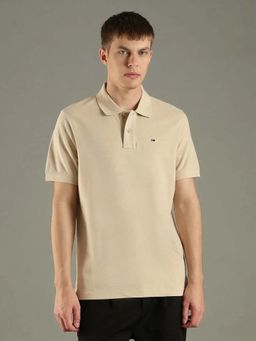 Tommy Hilfiger - Beige Solid Regular Fit Cotton Polo T-shirt