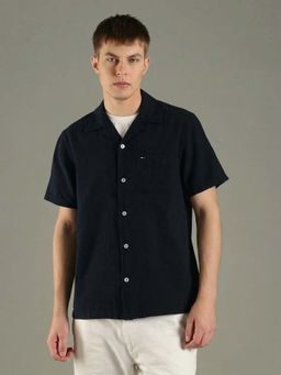 Tommy Hilfiger - Navy Blue Solid Boxy Fit Linen Shirt