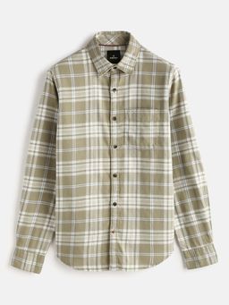 WROGN - Green Textured Checks Cotton Shirt | Khaki