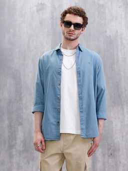 WROGN - Solid Linen Blend Slim Fit Shirt | Blue