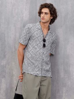 WROGN - Fluid Placement Print Shirt In Resort Collar | Grey