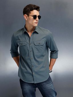 WROGN - Men's Casual Cargo Double Pocket Shirt | Teal