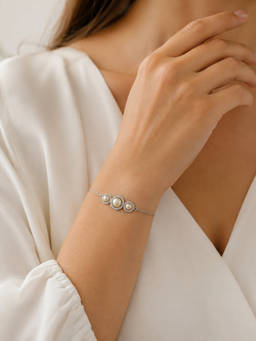 RishiRich Jewels - White Women 925 Sterling Silver Pearl Cz Halo Chain Bracelet (6.5)