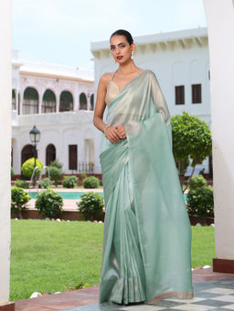 Swtantra - Aqua Gold Saree with Lace Without Blouse