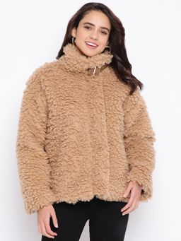 IKI CHIC - Camel Faux Shearling Buckle Detail Cropped Jacket