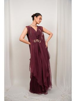 DAY AND MOOD - Wine Celestara Long Jacket with Pleated Skirt and Blouse