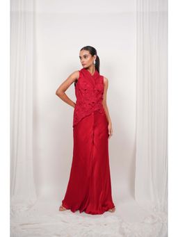 DAY AND MOOD - Red Celestara Wired Collar Cutwork Jacket with Blouse and Flared Pant