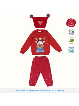 Kids of Greendeer - Unisex Red Printed Sweater with Joggers and Cap (Set of 3)