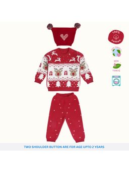 Kids of Greendeer - Unisex Red Printed Sweater with Joggers and Cap (Set of 3)
