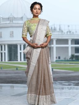 Beatitude - Beige Linen Woven Zari Work Saree with Unstitched Blouse