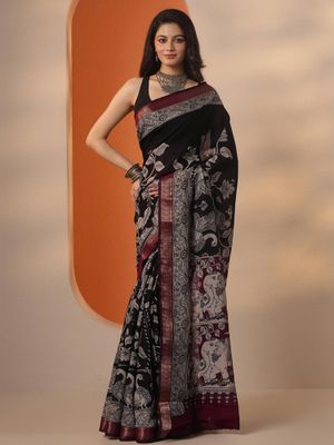 Amfyn Women's Litchi silk Printed Saree With Unstitched Blouse (Black) main image 1