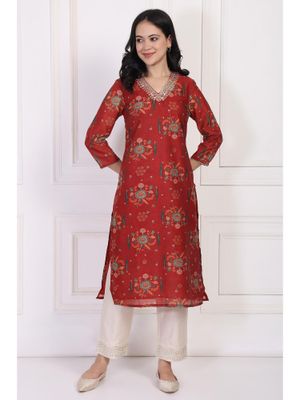 Green Printed Foil Print Sequined Straight Cotton Kurta