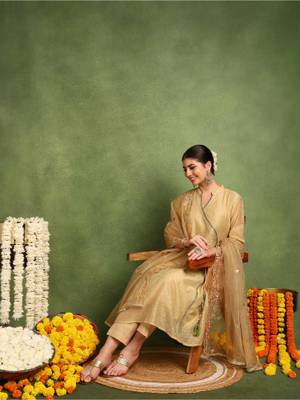 Buy TAHILIYA Beige Khari Printed Chanderi Silk Angrakha Kurta (S) Online