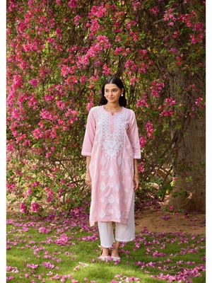 Carnation Pink Chikankari Embroidered Dobby Tunic